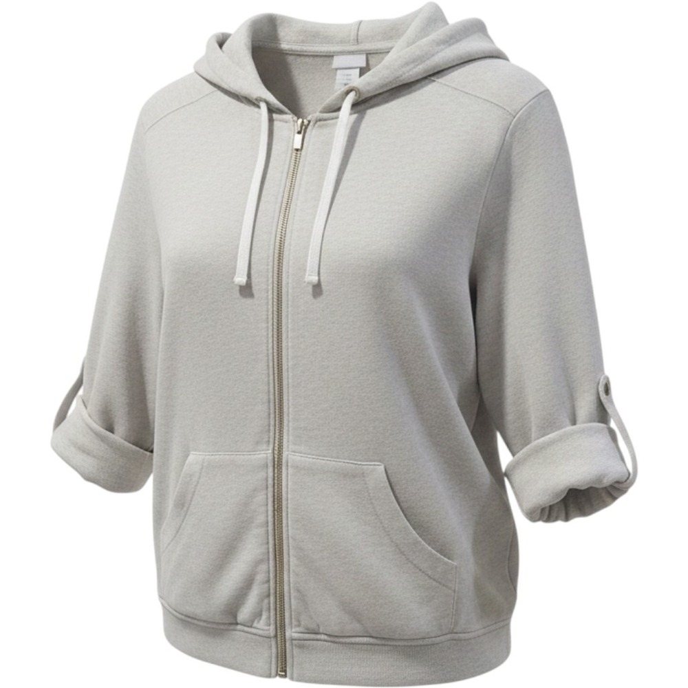 Zenergy by Chicos Beige Half Sleeve Zip Up Hoodie Jacket Cotton Sz 2 Medium